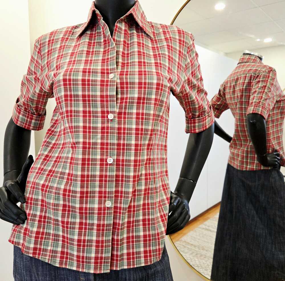 Vintage preppy plaid Simons blouse Hong Kong, size M 90s–2000